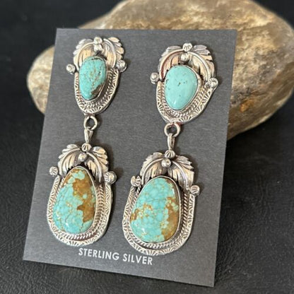 Navajo Blue #8 Turquoise Dangle Earrings | Sterling Silver | Authentic Native American Handmade | 14338