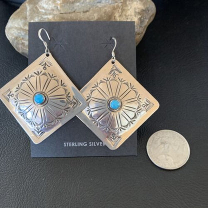 Navajo Blue Turquoise Earrings | Stamped Sterling Silver | Authentic Native American Handmade | 13321