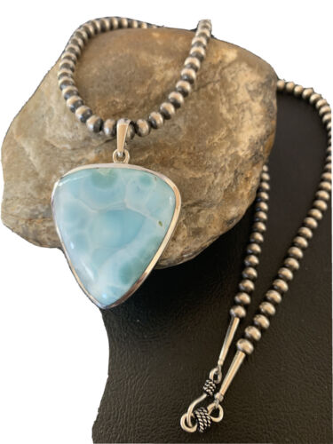 Navajo Blue Larimar Pendant Necklace | Sterling Silver Beads | Authentic Native American Handmade | 1764