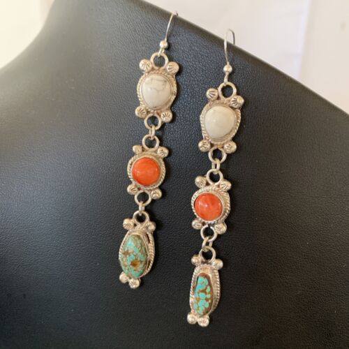 Navajo Spiny, Turquoise & Howlite Dangle Earrings | Sterling Silver | Authentic Native American Handmade | 1572