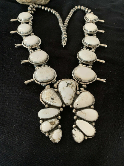 Navajo White Buffalo Turquoise Naja Pendant | Sterling Silver Squash Blossom Necklace | 21" | 00629 - Masha USA