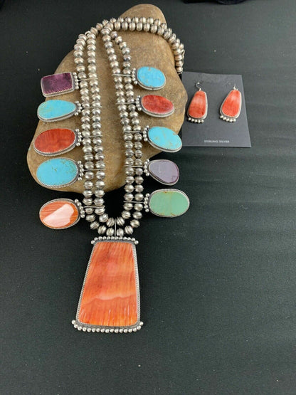 Navajo XL Spiny Oyster Squash Blossom Necklace | Sterling Silver Turquoise | Authentic Native American Handmade | 12702