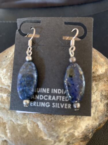 Navajo Blue Lapis Lazuli Bead Dangle Drop Earrings | Sterling Silver | Authentic Native American Handmade | 13062