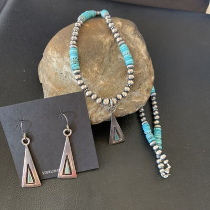 Navajo Blue Turquoise Pendant Earrings Set | Authentic Native American Sterling Silver Necklace | Handmade | 12618 - Masha USA