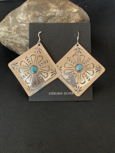 Navajo Turquoise Stamped Earrings | Sterling Silver | Authentic Native American Handmade | 1205