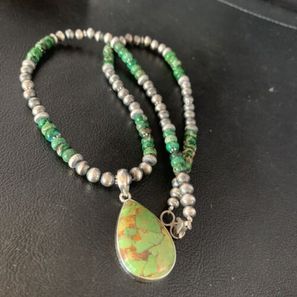 Navajo Green Mojave Turquoise Pendant Necklace | Sterling Silver | Native American Handmade | 13467