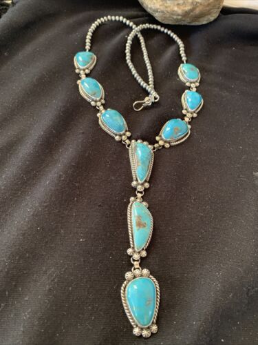 Navajo Kingman Turquoise Pendant Lariat Necklace | Sterling Silver Navajo Pearls | 1188