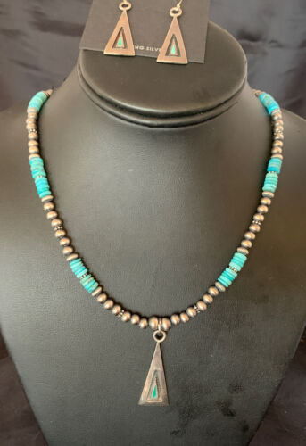 Navajo Blue Turquoise Pendant Earrings Set | Authentic Native American Sterling Silver Necklace | Handmade | 12618 - Masha USA