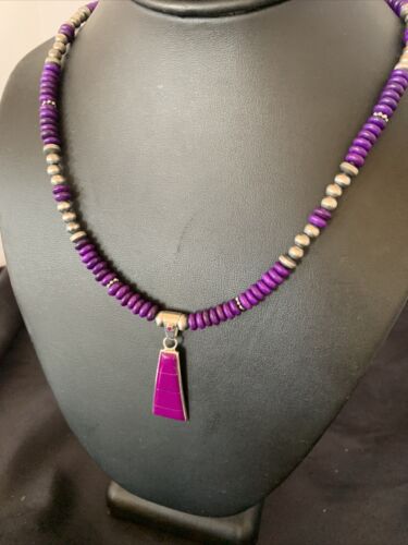 Authentic Native American Navajo Pearl Necklace with Purple Sugilite Pendant | Sterling Silver | 18" | 12349