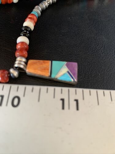 Navajo Multi-Color Turquoise Onyx Inlay Pendant Necklace | Sterling Silver | 13798