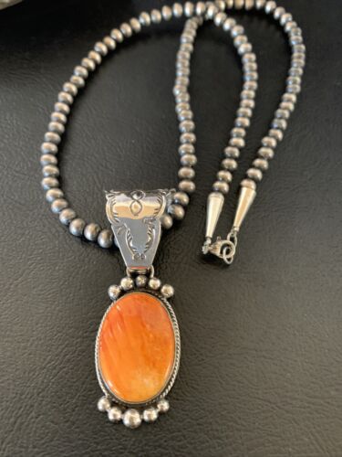 Navajo Orange Spiny Oyster Pendant Necklace | Sterling Silver | Authentic Native American Handmade | 13082