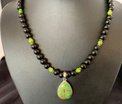 Navajo Pearls Onyx Mojave Turquoise Pendant Necklace | Sterling Silver | Authentic Native American Handmade | 13253