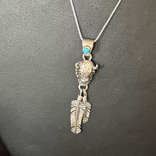 Navajo Buffalo Turquoise Pendant | Sterling Silver | Authentic Native American Handmade | 18" | 14686