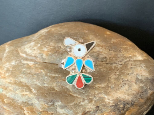 Zuni Peyote Bird Inlay Ring | Sterling Silver | Coral, Turquoise, Onyx, Mother of Pearl | Sz 6.5 | 10791