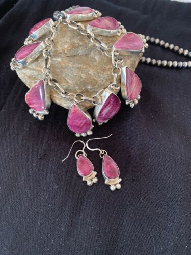Navajo Purple Spiny Oyster Pendant Necklace Set | Authentic Native American Sterling Silver | Handmade | 4555