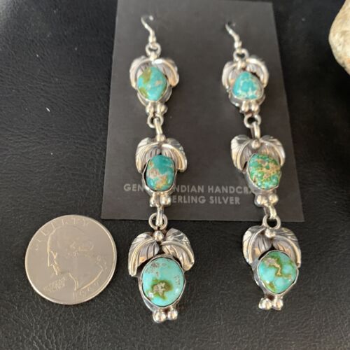Navajo Sonoran Gold Turquoise Earrings | Sterling Silver | 3 Dangle | Authentic Native American Handmade | 13922