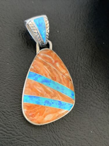 Men's Navajo Orange Spiny Oyster Blue Opal Inlay Pendant | Sterling Silver | Authentic Native American Handmade | 12486