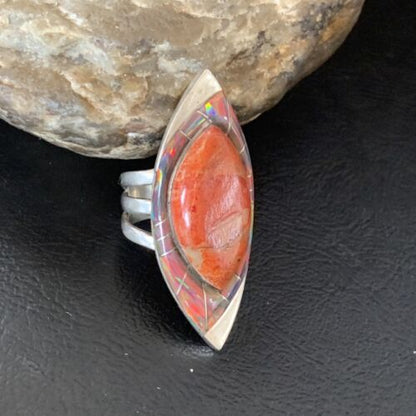 Navajo Red Spiny Oyster Opal Inlay Ring | Sterling Silver | Sz 6 | Authentic Native American Handmade | 12842
