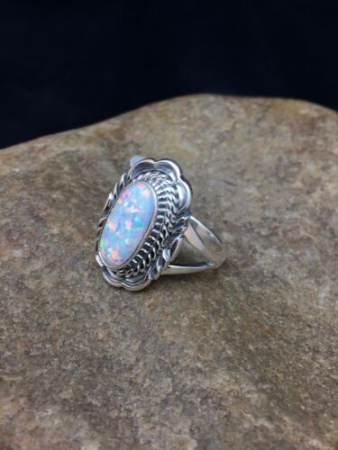 Native American Pink Opal Inlay Ring | Navajo Sterling Silver | Sz 7.75 | 2521