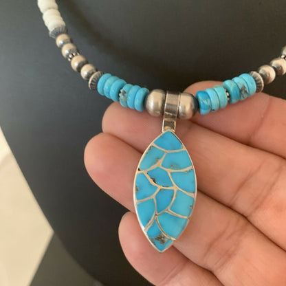 Zuni Turquoise Howlite Inlay Necklace Pendant | Sterling Silver | Authentic Native American Handmade | 02091