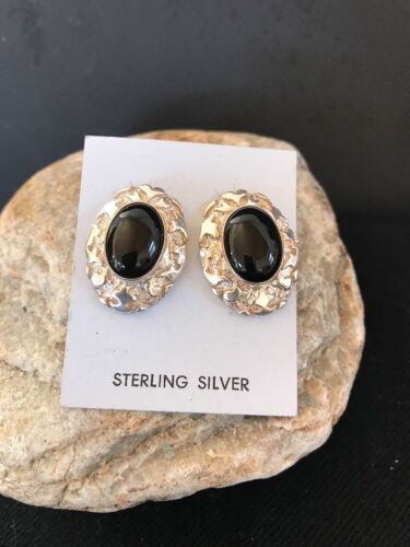 Native American Onyx Nugget Design Earrings | Sterling Silver | Southwestern Handmade | 1" | 3745