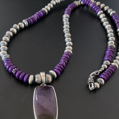 Navajo Pearls Necklace with Purple Sugilite Pendant | Sterling Silver | Authentic Native American Handmade | 11337