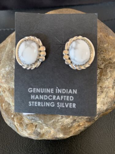 Navajo Sterling Silver White Howlite Oval Earrings | 0.50" | Authentic Native American Handmade | 13374