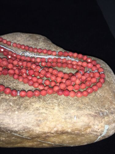 Southwestern Navajo Faceted Red Coral Bead Necklace | Sterling Silver | Authentic Native American Handmade | 01819
