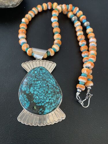 Navajo Spiny Oyster & Spiderweb Turquoise Necklace | Sterling Silver | Authentic Native American Handmade | 1757
