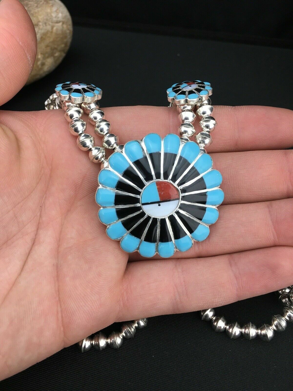 Zuni Sun Face Turquoise Inlay Sterling Silver Squash Blossom Necklace Set | Native American Handmade | 1308