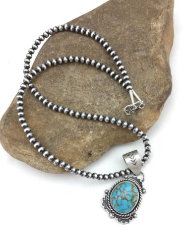 Navajo Sterling Silver Necklace | Spiderweb Turquoise Pendant | 2.25" | Authentic Native American Handmade | 13918