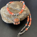 Navajo Pearl Necklace with Red Apple Coral, Spiny Oyster Pendant | Authentic Native American Sterling Silver | Multi-Stone | 12390