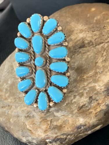 Navajo Kingman Turquoise Cluster Ring | Authentic Native American Sterling Silver | Multi-Stone | Sz 8 | 13856