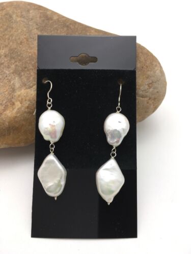 Native American Sterling Silver Pearl Dangle Earrings | 1.5" | 3079
