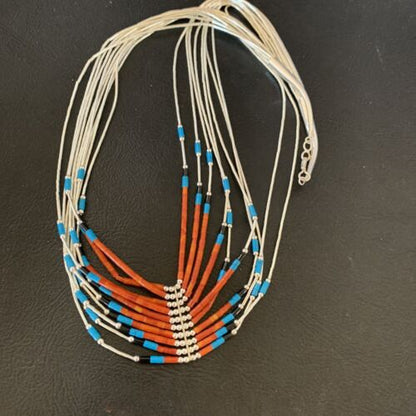 Multi-Color Liquid Silver Heishi Necklace | 10 Strand Sterling Tubes | Native American Handmade | 12300