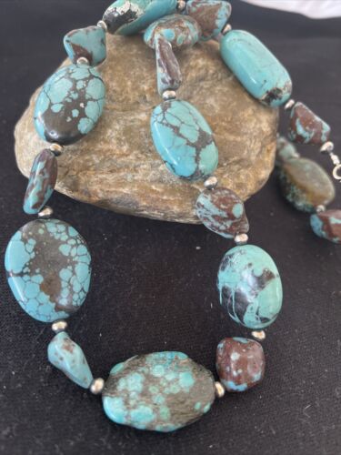 Navajo Chunky Turquoise #8 Necklace | Sterling Silver Pearls | Authentic Native American Handmade | 22" | 1242