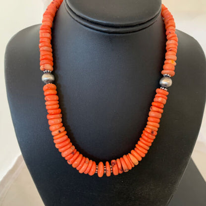 Native American Pink Coral Navajo Bead Necklace | Sterling Silver | 18" | 01951