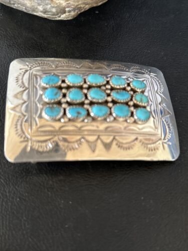 Navajo Blue Kingman Turquoise Concho Belt Buckle | Sterling Silver | Authentic Native American Handmade | 14795