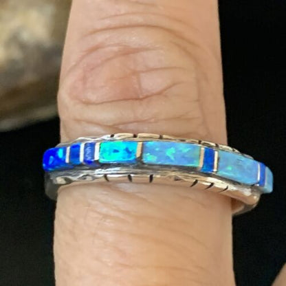 Navajo Blue Opal Inlay Ring | Sterling Silver | Sz 10.5 | Authentic Native American Handmade | Yazzie | 12963