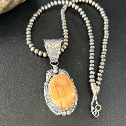 Navajo Pearls Orange Spiny Oyster Necklace Pendant | Sterling Silver | Authentic Native American Handmade | 14719