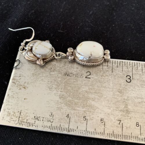 Navajo White Buffalo Turquoise Dangle Earrings | Sterling Silver | 2.50" | Authentic Native American Handmade | 1662