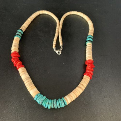 Authentic Native American Santo Domingo Necklace | Red Coral, Blue Turquoise, Onyx Shell | 22" | 13487