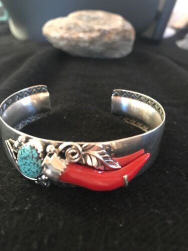 Navajo Spider Web Turquoise Coral Bracelet | Sterling Silver | Authentic Native American Handmade | 11716