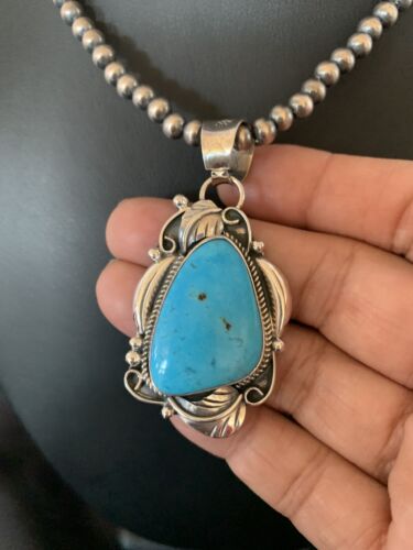 Men's Navajo Pearls Necklace with Blue Kingman Turquoise Pendant | Sterling Silver | Native American Handmade | 12590