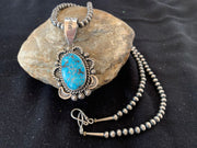 Navajo Sterling Silver Necklace with Spiderweb Kingman Turquoise Pendant | Authentic Native American Handmade | 00689