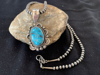 Navajo Sterling Silver Necklace with Spiderweb Kingman Turquoise Pendant | Authentic Native American Handmade | 00689