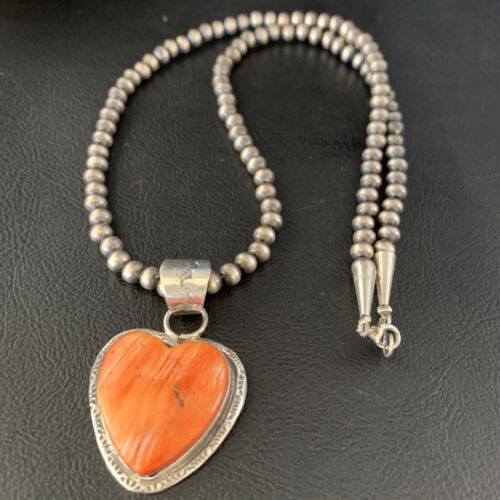 Navajo Orange Heart Spiny Oyster Pendant | Sterling Silver Necklace | Authentic Native American Handmade | 13947