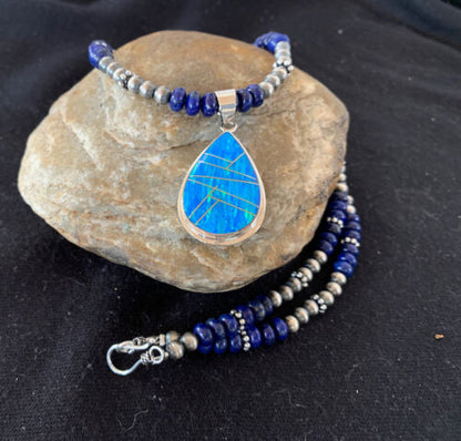 Navajo Pearls Necklace with Lapis, Turquoise, and Blue Opal Pendant | Sterling Silver | 1171