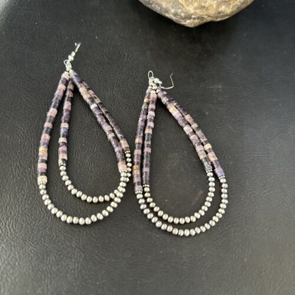 Native American Sugilite Heishi Bead Earrings | Sterling Silver | 4" | 14316