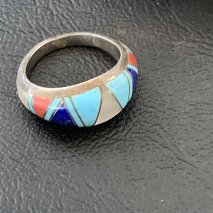 Navajo Multi-Color Turquoise Lapis Coral Mother of Pearl Inlay Ring | Sterling Silver | Sz 7.5 | 12398
